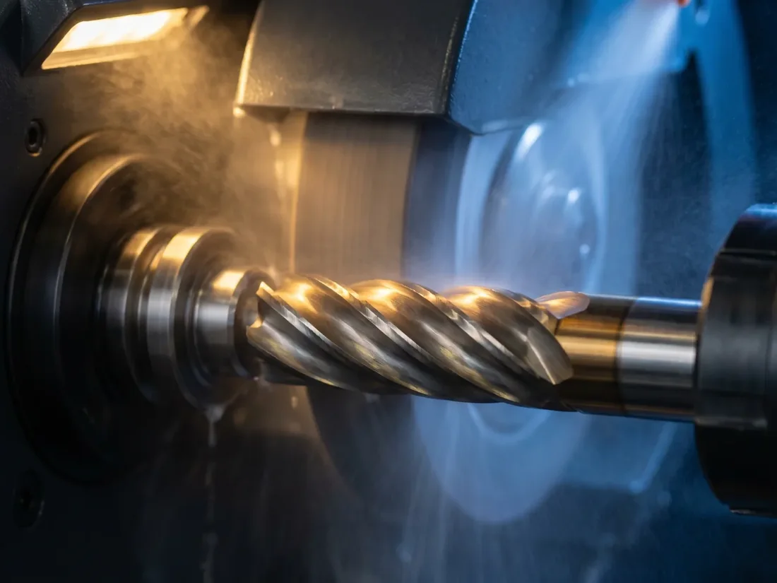 Carbide end mill cutting steel on a CNC machine under coolant mist