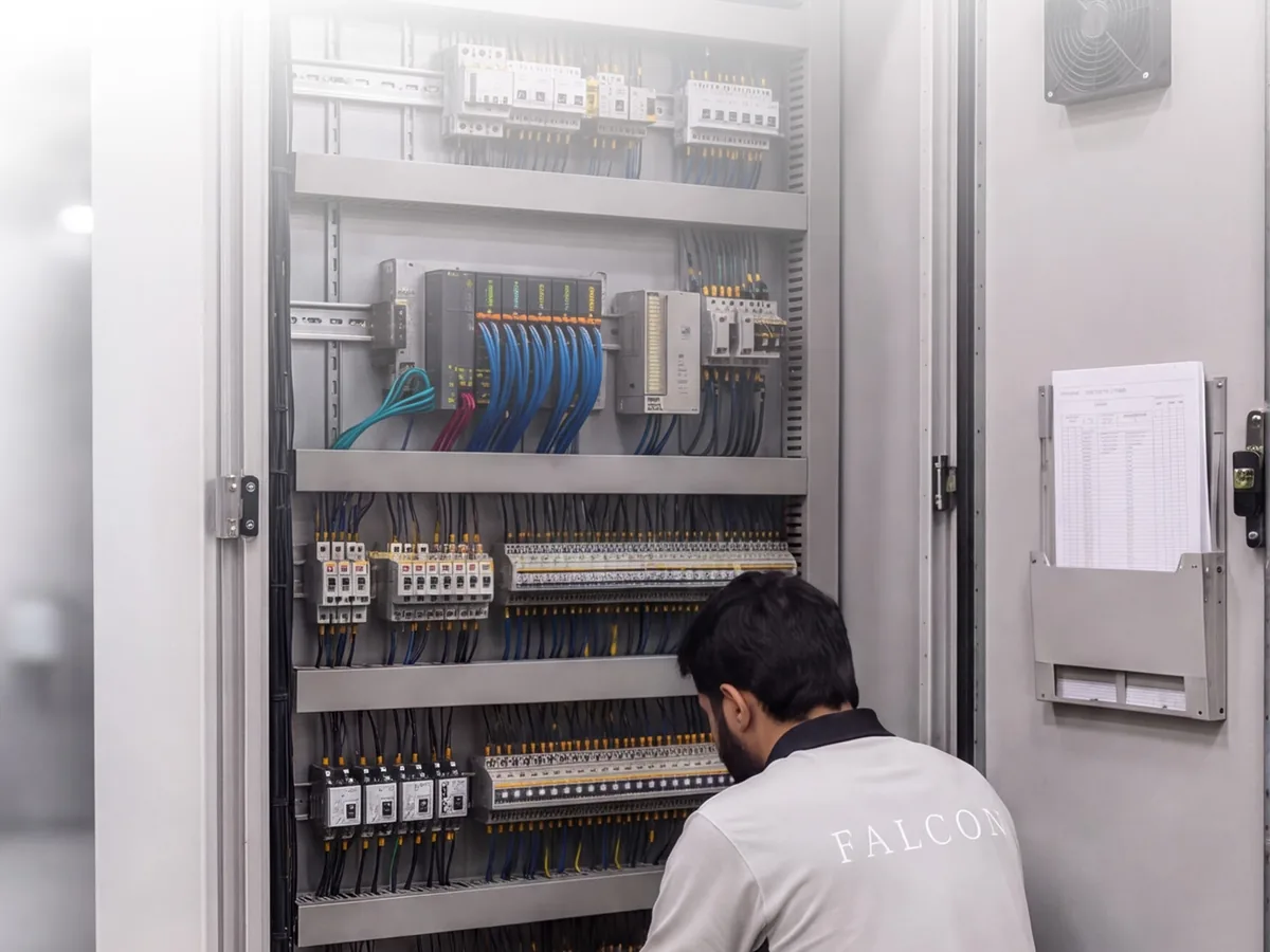 Engineer wiring and testing a PLC control panel, seen from behind