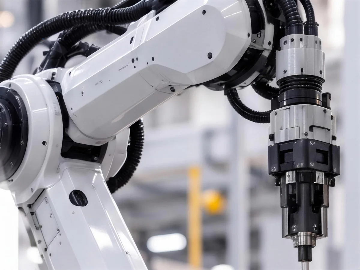 Six-axis industrial robot arm with its end-of-arm tooling