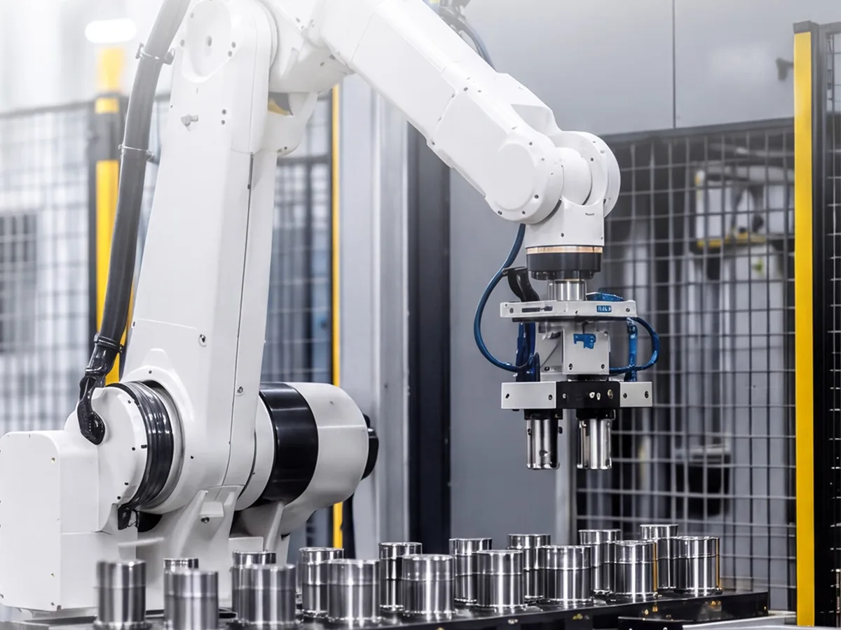 Robotic machine-tending cell handling machined parts — industrial automation from Shaheen Arabia, Jubail