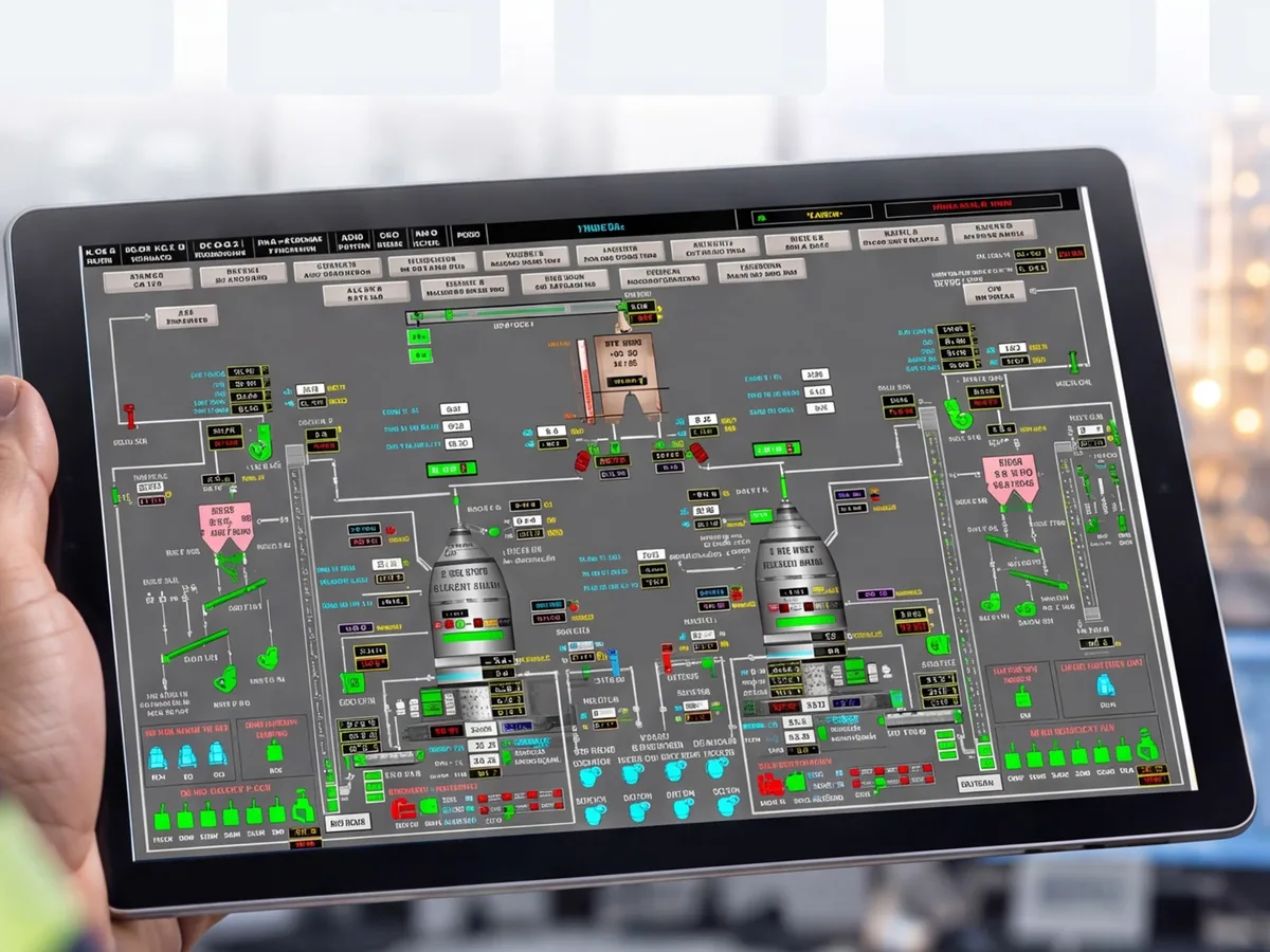 Plant SCADA overview on a tablet in front of a control room