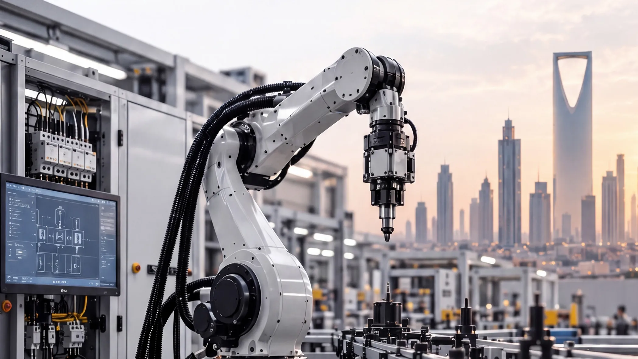 Industrial robot cell in front of a Saudi city skyline