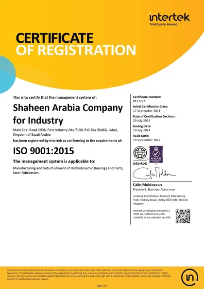 ISO 9001:2015 certificate of registration, Shaheen Arabia Company for Industry