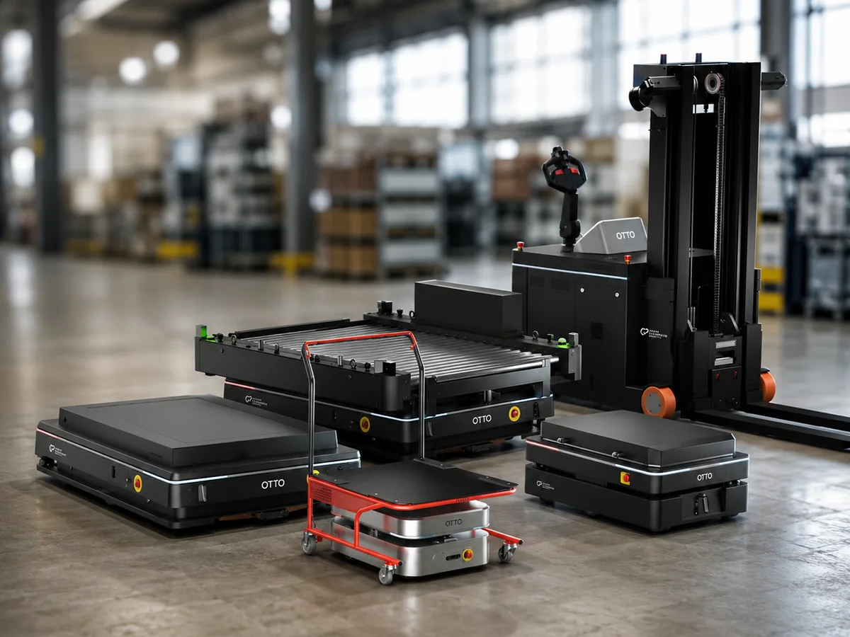 Autonomous mobile robots for material movement, shown in full