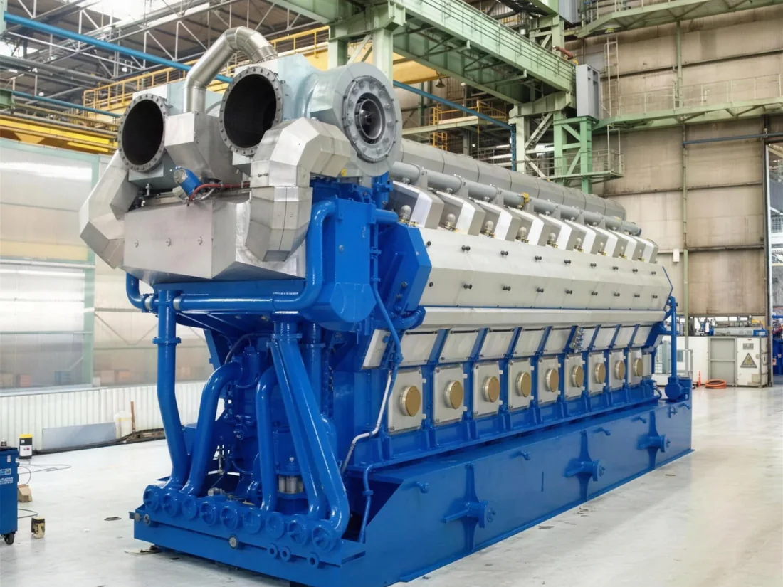 Large medium-speed diesel marine engine in an engine hall