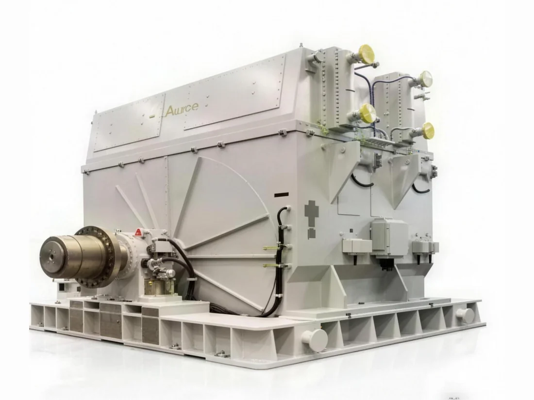Large industrial electric motor and alternator set on its fabricated baseplate