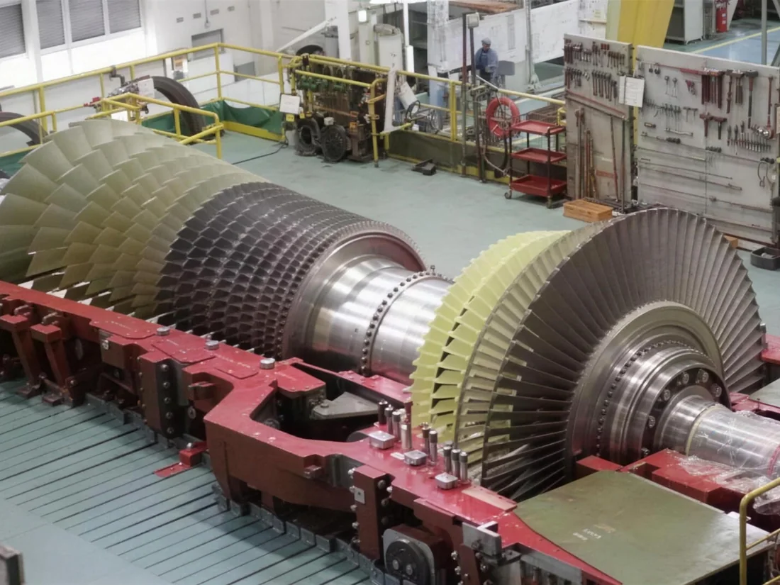 Industrial gas turbine rotor with its compressor and turbine blading on an assembly stand