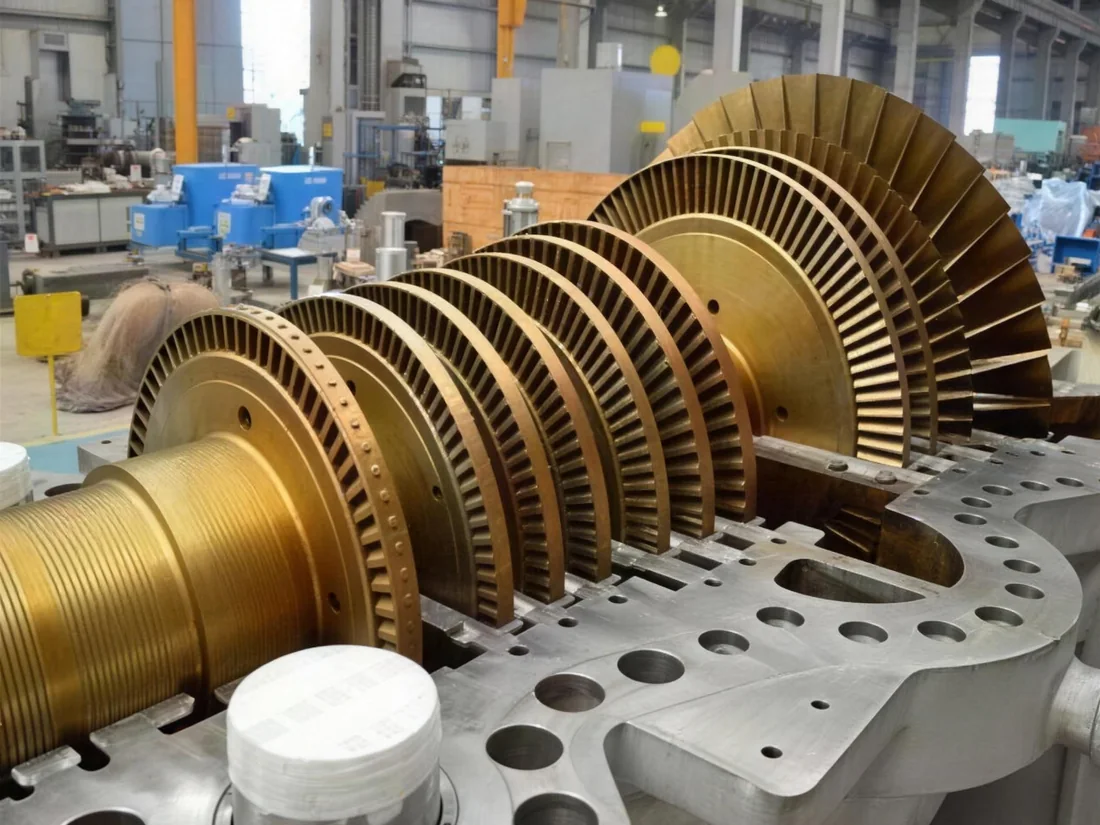 Steam turbine rotor blading with the lower casing removed for overhaul