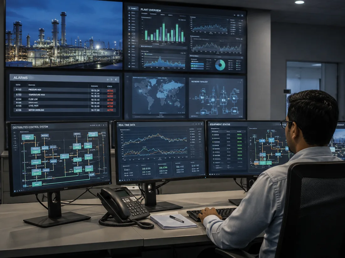 Centralised monitoring room with multi-screen plant dashboards