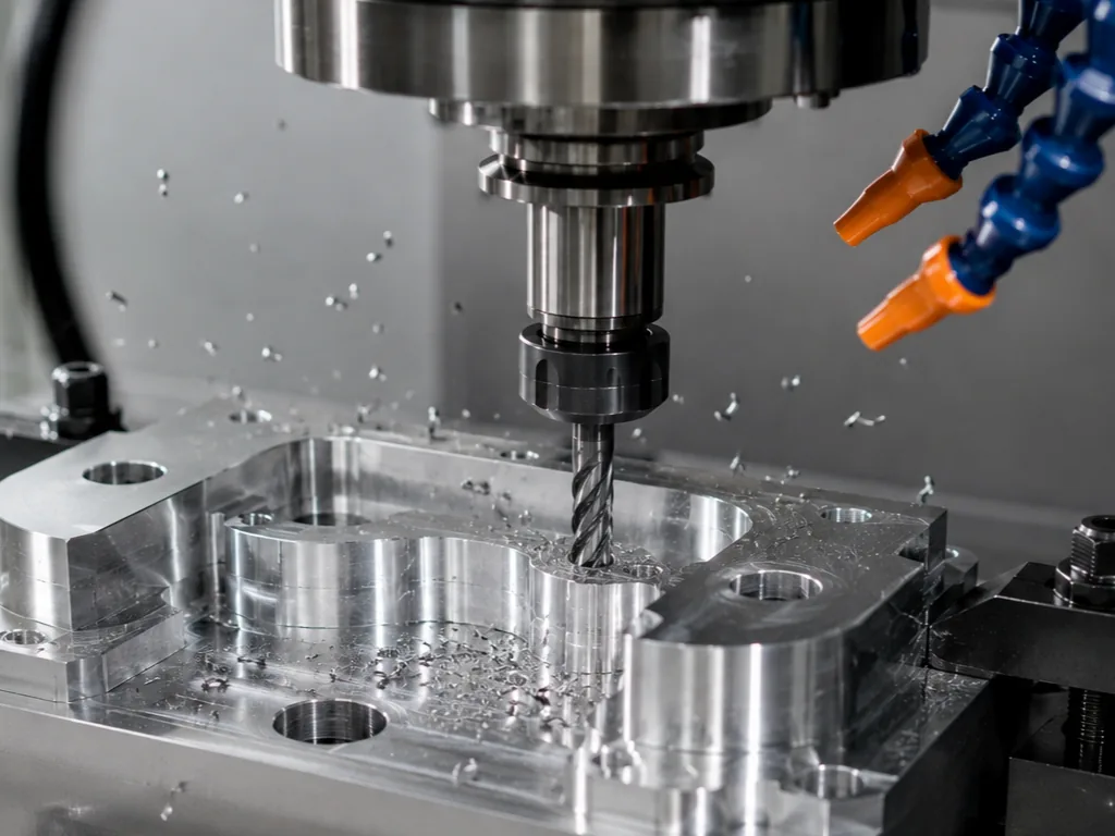 Multi-axis CNC machining of a steel component under flood coolant