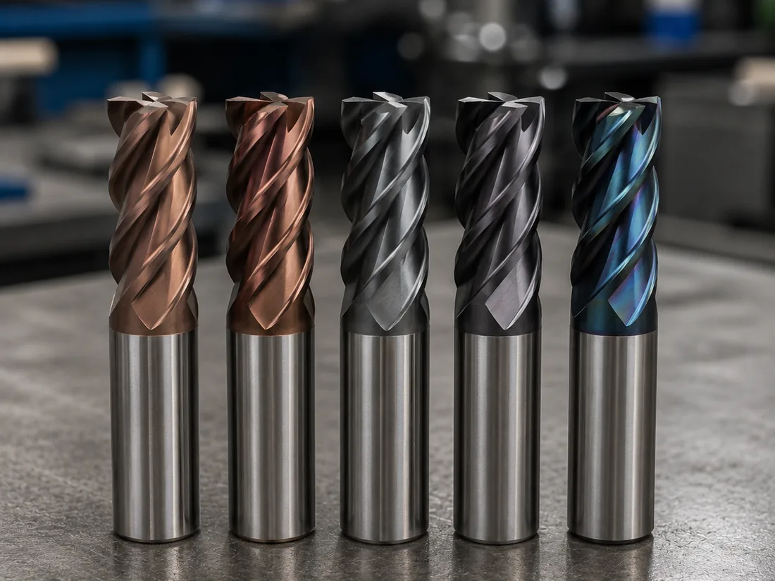 Five coated end mills in bronze, black and blue tool coatings