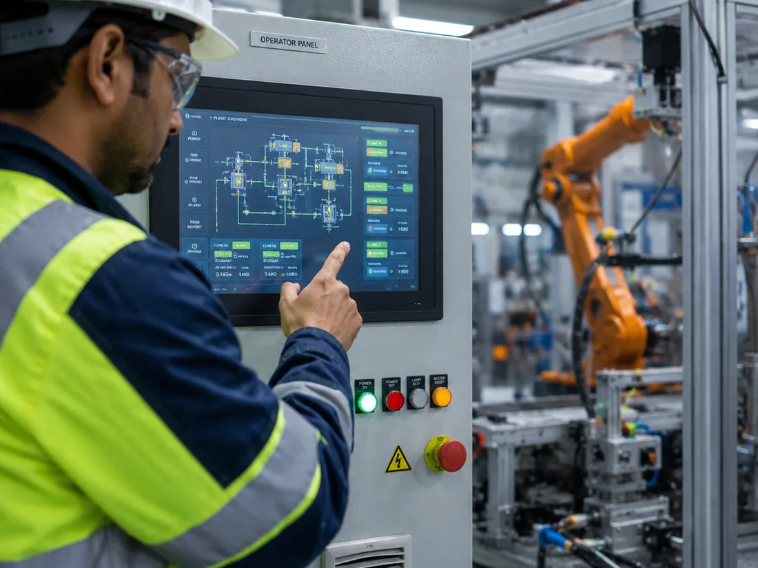 Operator working an HMI panel beside a robotic cell
