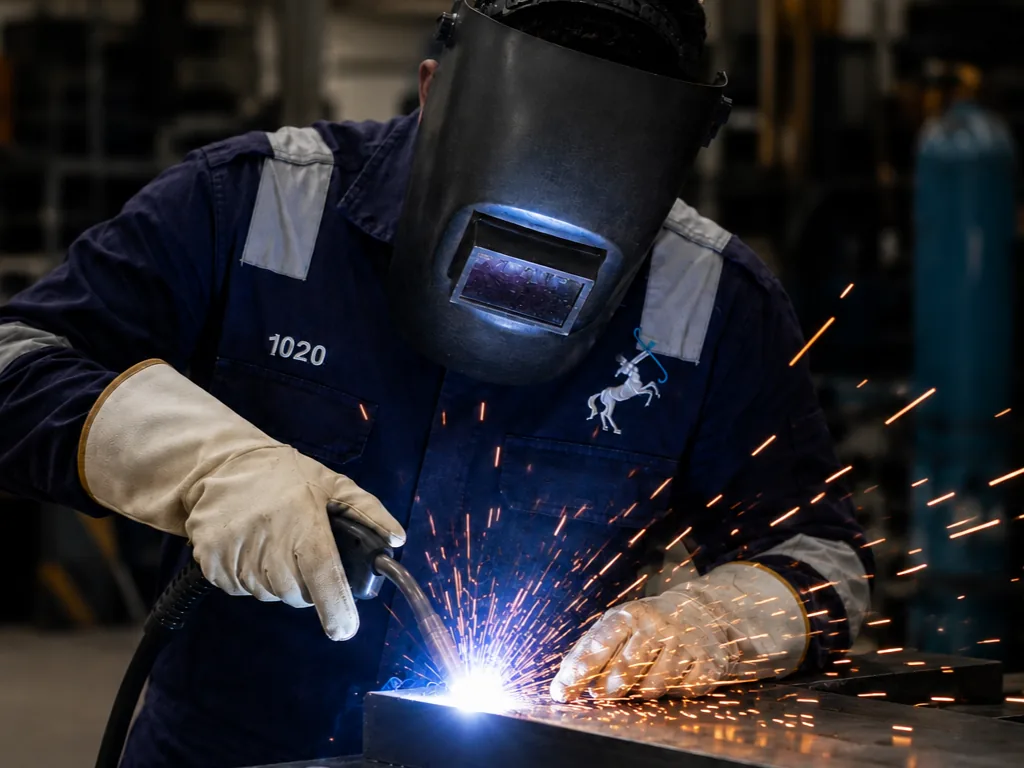 Welder making a fabrication pass in full protective equipment