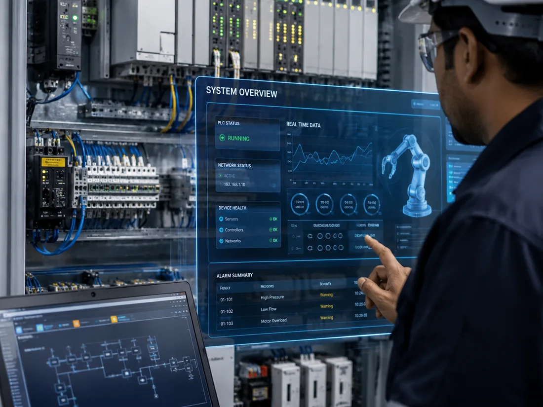 Engineer interacting with a digital plant overview on a control panel