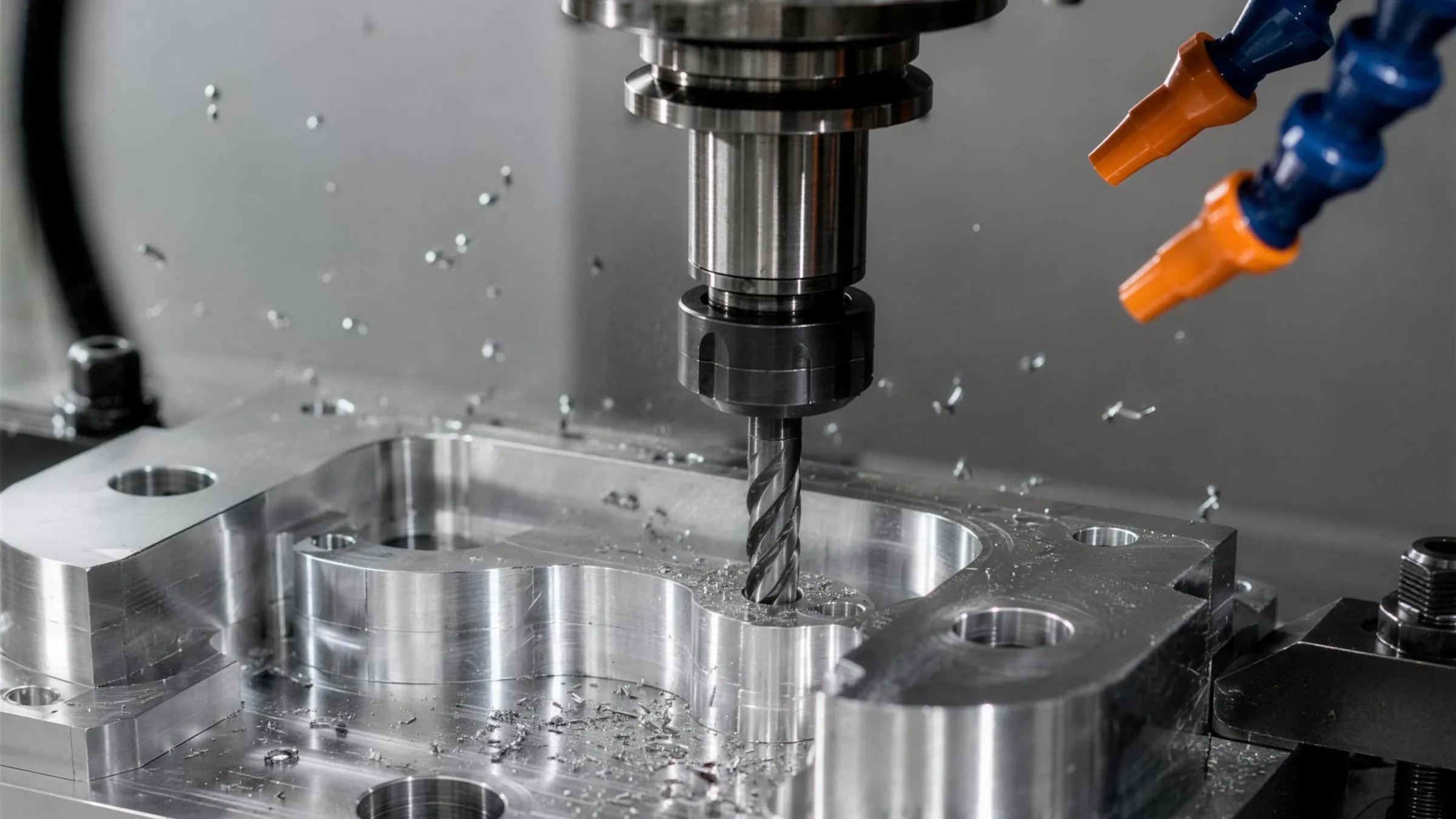 Multi-axis CNC machining of a steel component under flood coolant