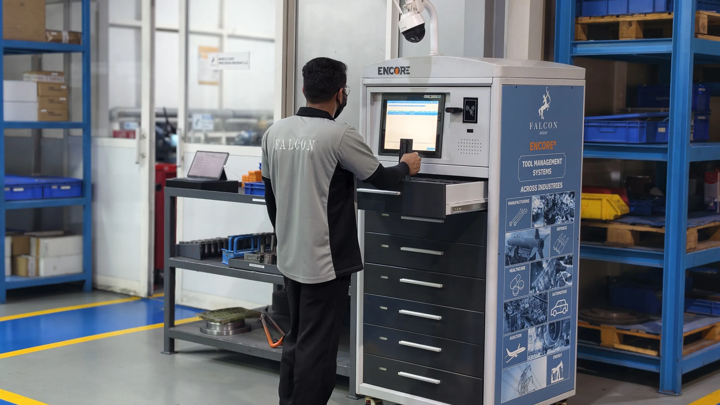 Smart tool management cabinet on a workshop floor