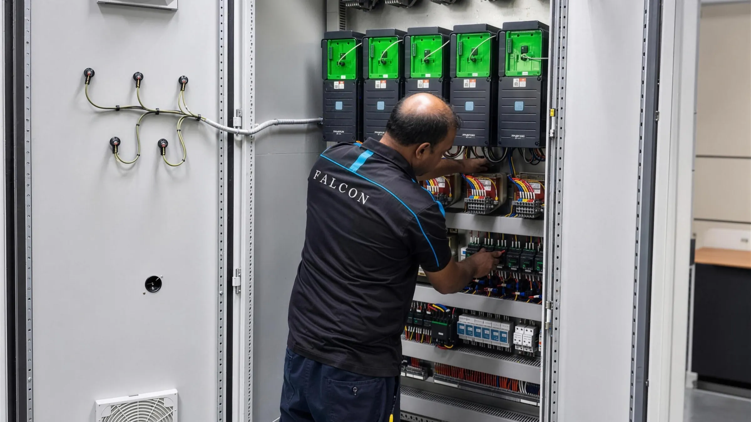 Technician commissioning a floor-standing PLC control panel