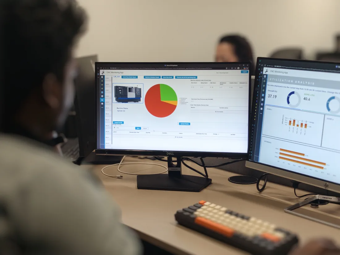 Engineers reviewing live plant analytics on a monitoring workstation