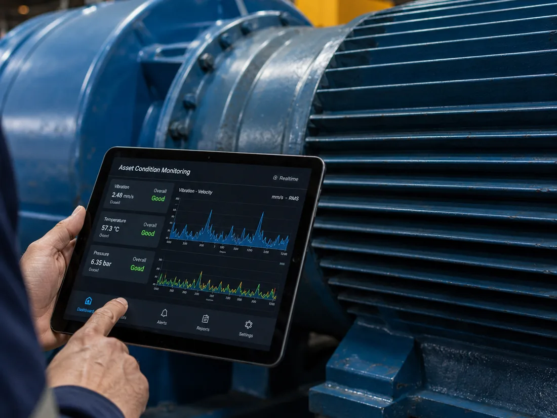 Asset condition data being read from a tablet beside a running motor