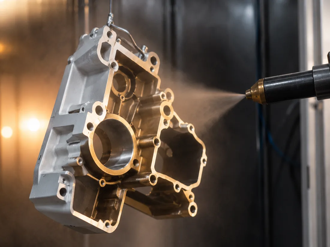 Protective coating being sprayed onto a machined housing