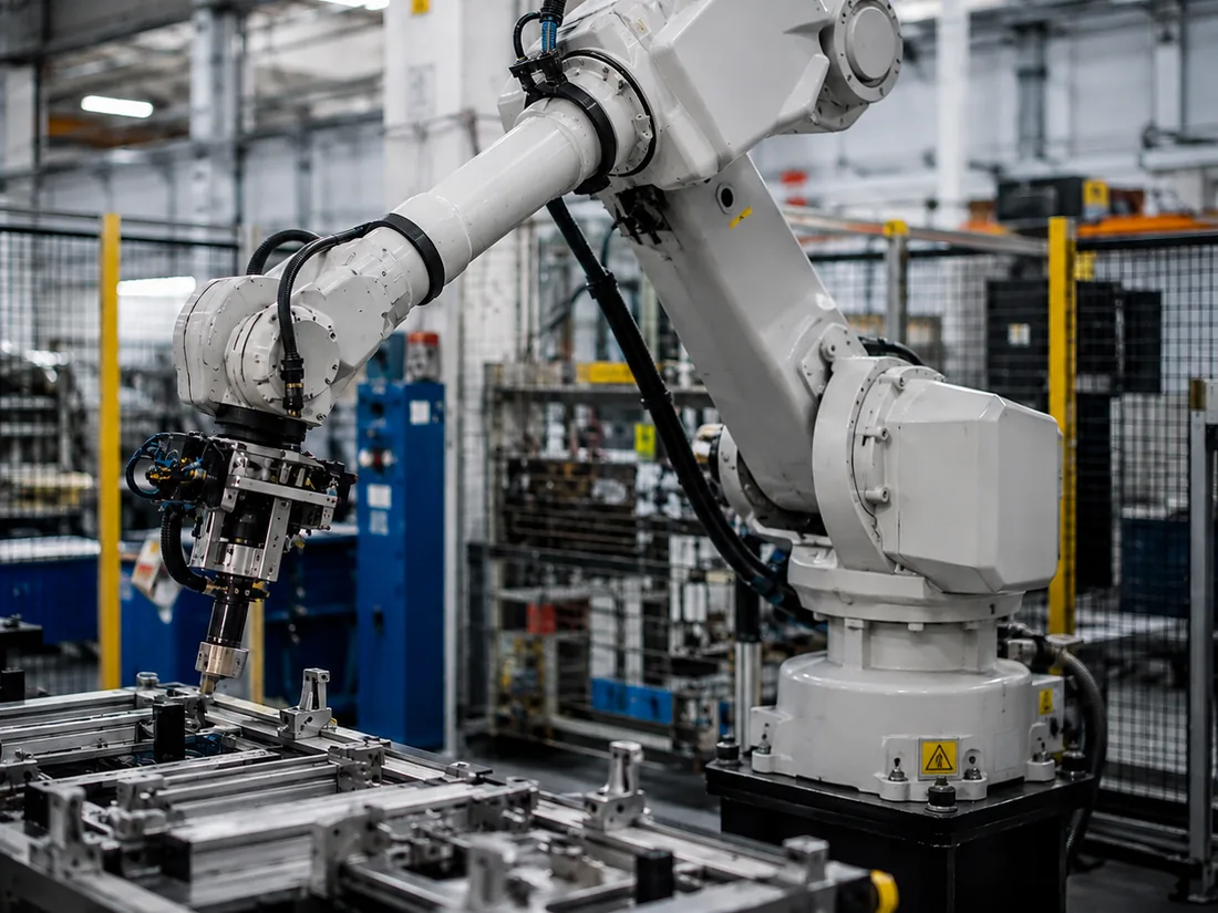 Six-axis industrial robot working over a machine cell