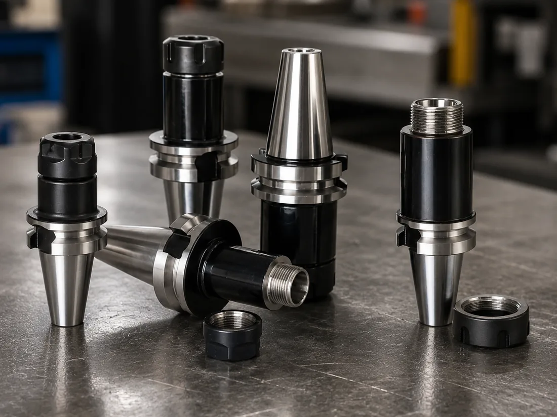 Precision tool holders and collet chucks laid out on a bench