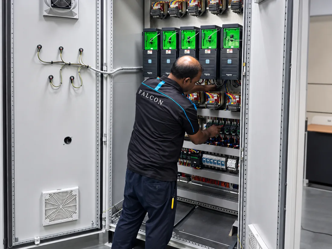 Technician commissioning a floor-standing PLC control panel