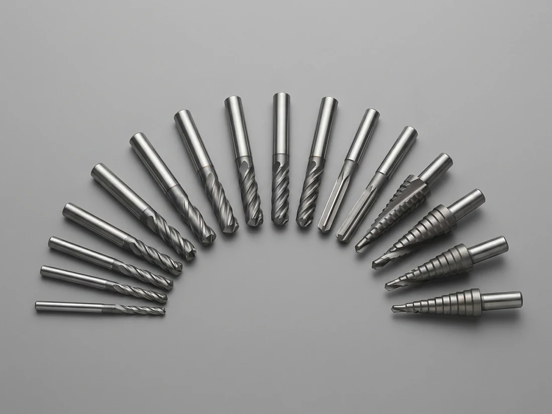 A fanned group of solid carbide end mills, reamers and step drills