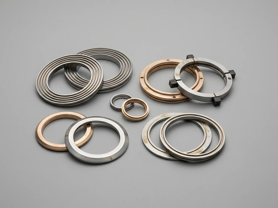 A group of machined sealing rings, deflectors and a split seal ring