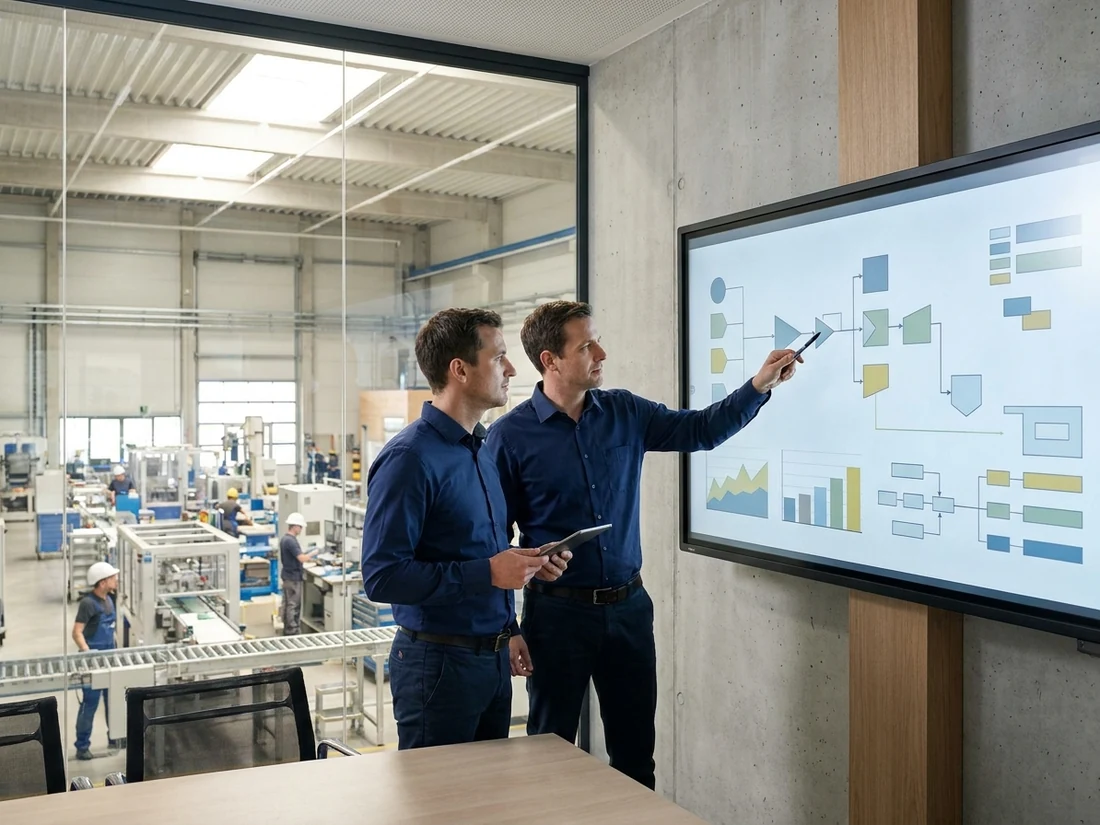 Engineers reviewing an industrial digitisation roadmap on a plant display