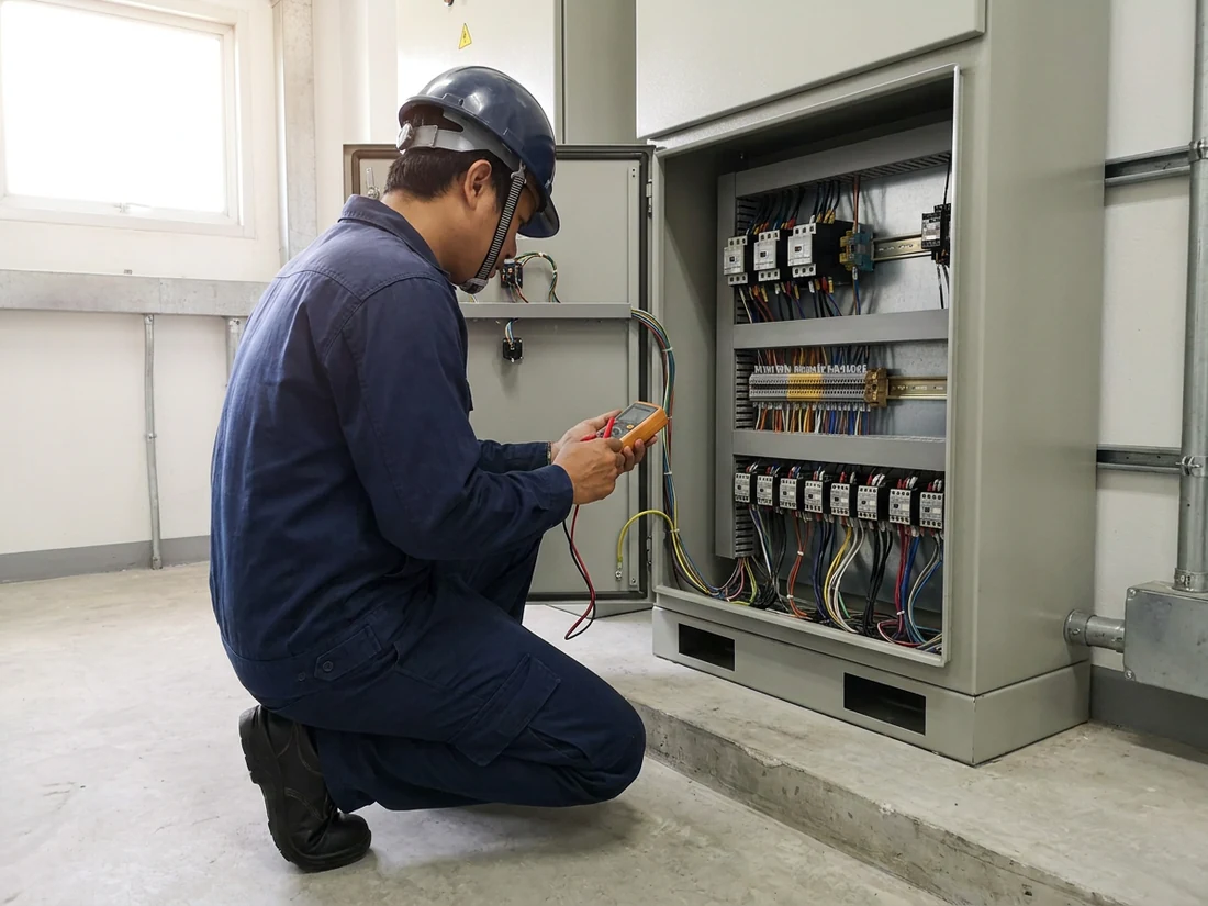 Maintenance engineer servicing an automation control cabinet