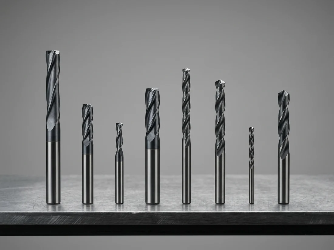 A range of standard carbide drills and end mills stood upright, complete and uncropped