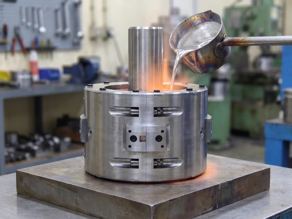 Static casting: molten white metal poured around a central mandrel into a stationary bearing housing