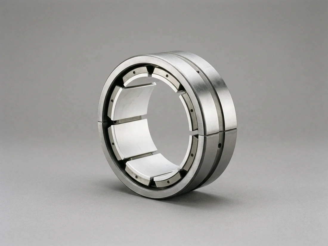 Tilting-pad journal bearing seen from the side, showing the pivoting pads inside the housing ring