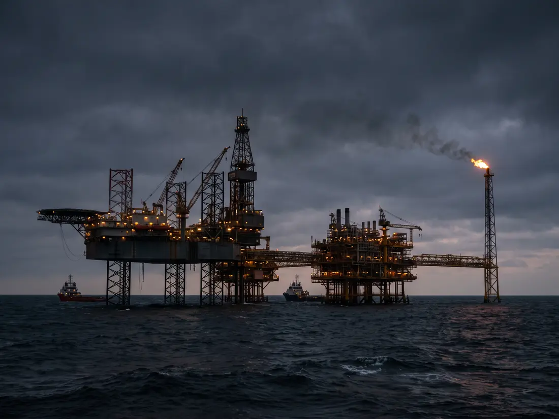 Offshore oil and gas platform at dusk — Shaheen Arabia supplies rotating-equipment components and machined parts to the oil & gas sector