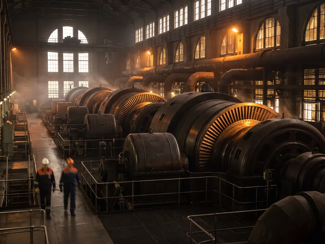 Steam turbine hall in a power station — Shaheen Arabia manufactures turbine and generator bearings and thrust pads