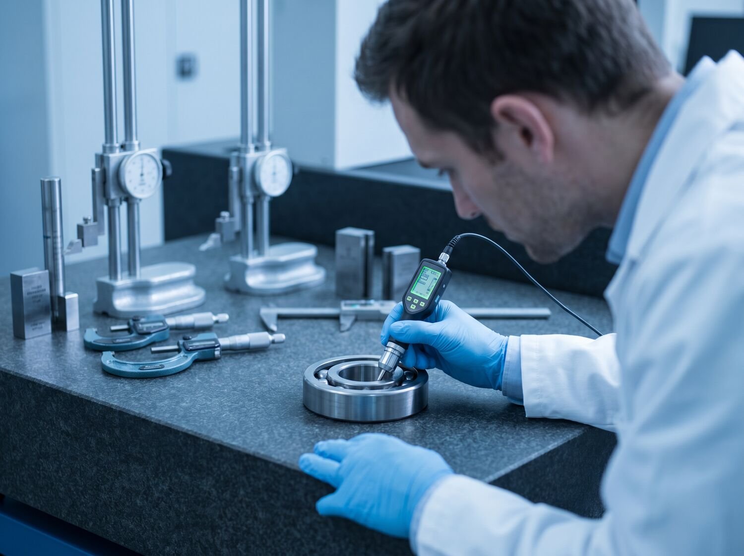 Quality-control inspection of a precision component at SACOM (ISO 9001:2015)